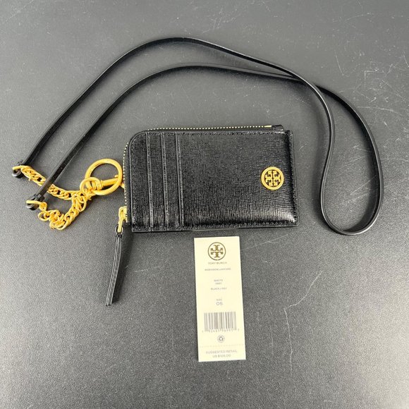 Tory Burch Robinson Saffiano Leather Lanyard Wallet Card Case Accessory Black - Picture 4 of 10